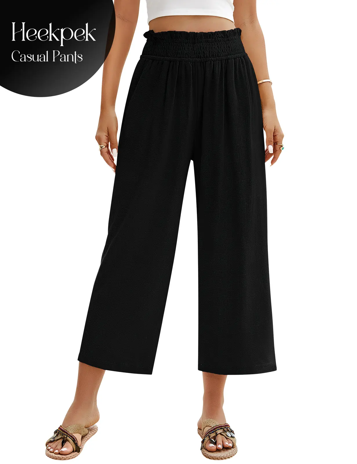 HEEKPEK Women's High Waisted Wide Leg Linen Palazzo Pants - Elastic Smock Waist Casual Capri Pull On Pants with Pocket comfy #SummerWins SwimWeek, Linen Pants Women, High Waisted Pants,clothes for back to school,first day of school outfits