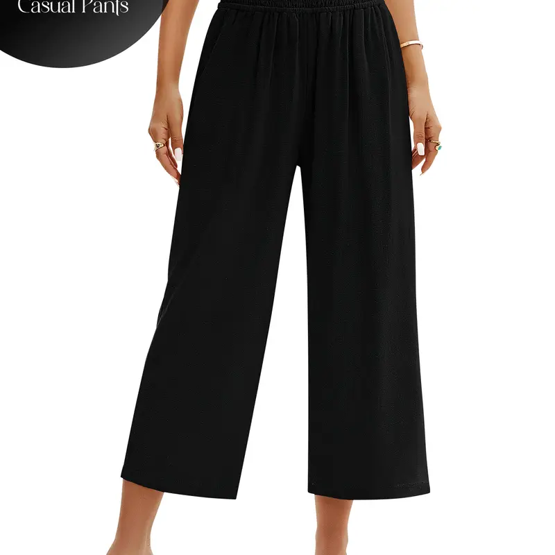 HEEKPEK Women's High-Waisted Linen Bottoms - Elastic Smock Waist, Wide Leg, Pull-On, Pocketed, Breathable Casual Basic Capri Pants for Summer, Flattering Shape