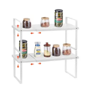 summervibes Adjustable 2-Tier Stackable Tiers Kitchen Cabinet Shelf Organizer, Expandable Countertop Shelf Riser, Pantry Storage for Kitchen, Bathroom, Office, White, Adjustable Shelf Rack, Kitchen Organization