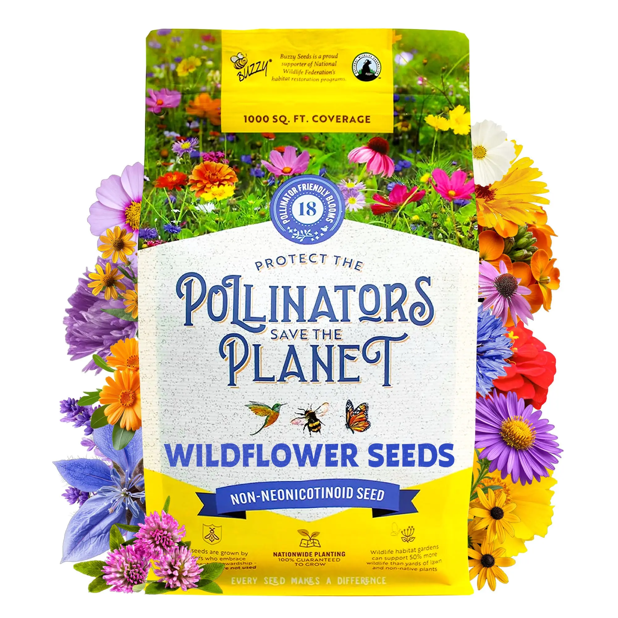 BUZZY Pollinator-Friendly Wildflower Seed Mix - 1000 sq.ft. for Pollinators, Natural Seed Source for Wildlife
