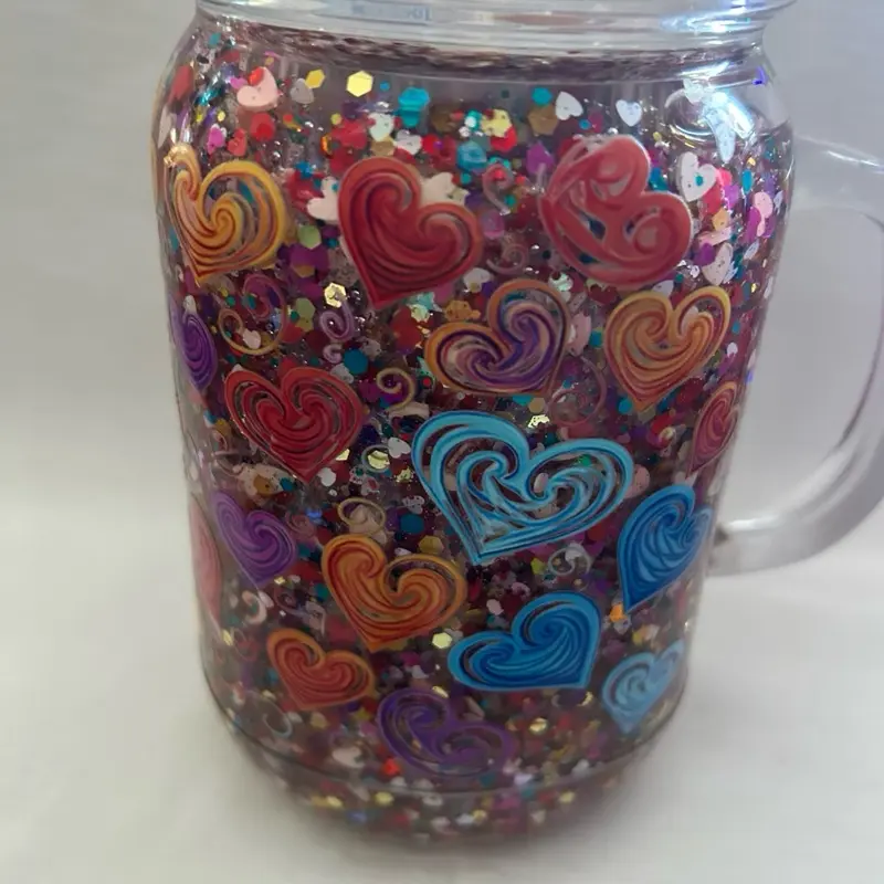 Mason Jar Tumbler with Colorful Heart Design and Glitter Accents for Stylish Drinkware