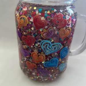 Mason Jar Tumbler with Colorful Heart Design and Glitter Accents for Stylish Drinkware