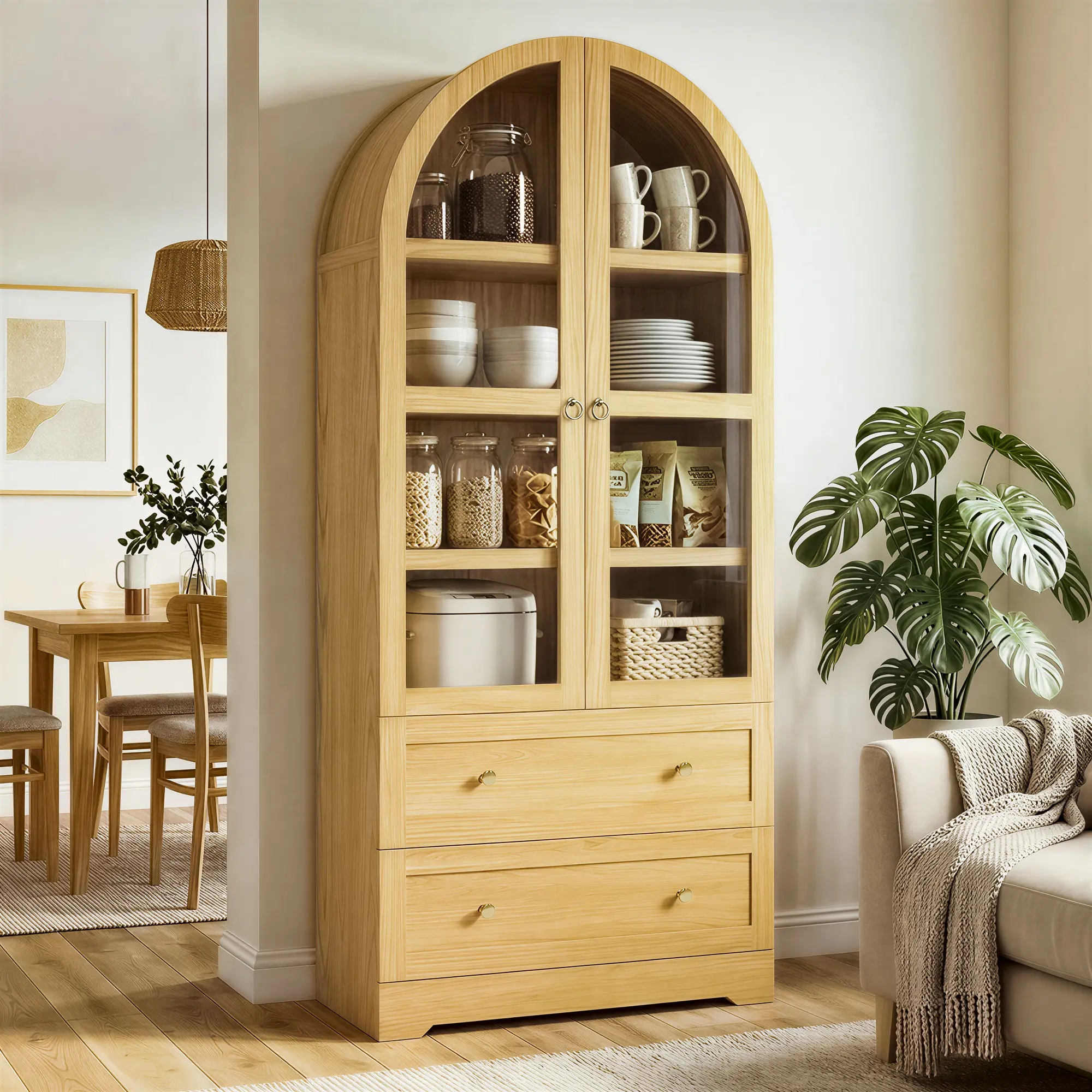 LIKIMIO 71" Tall Arch-Shaped Floor-Mounted Farmhouse Wood Storage Cabinet Chest - Glass Doors, 2 Large Drawers, Adjustable Shelves, Curved Tall Cupboard Sideboard for Home Organization Storage in Kitchen, Dining Room