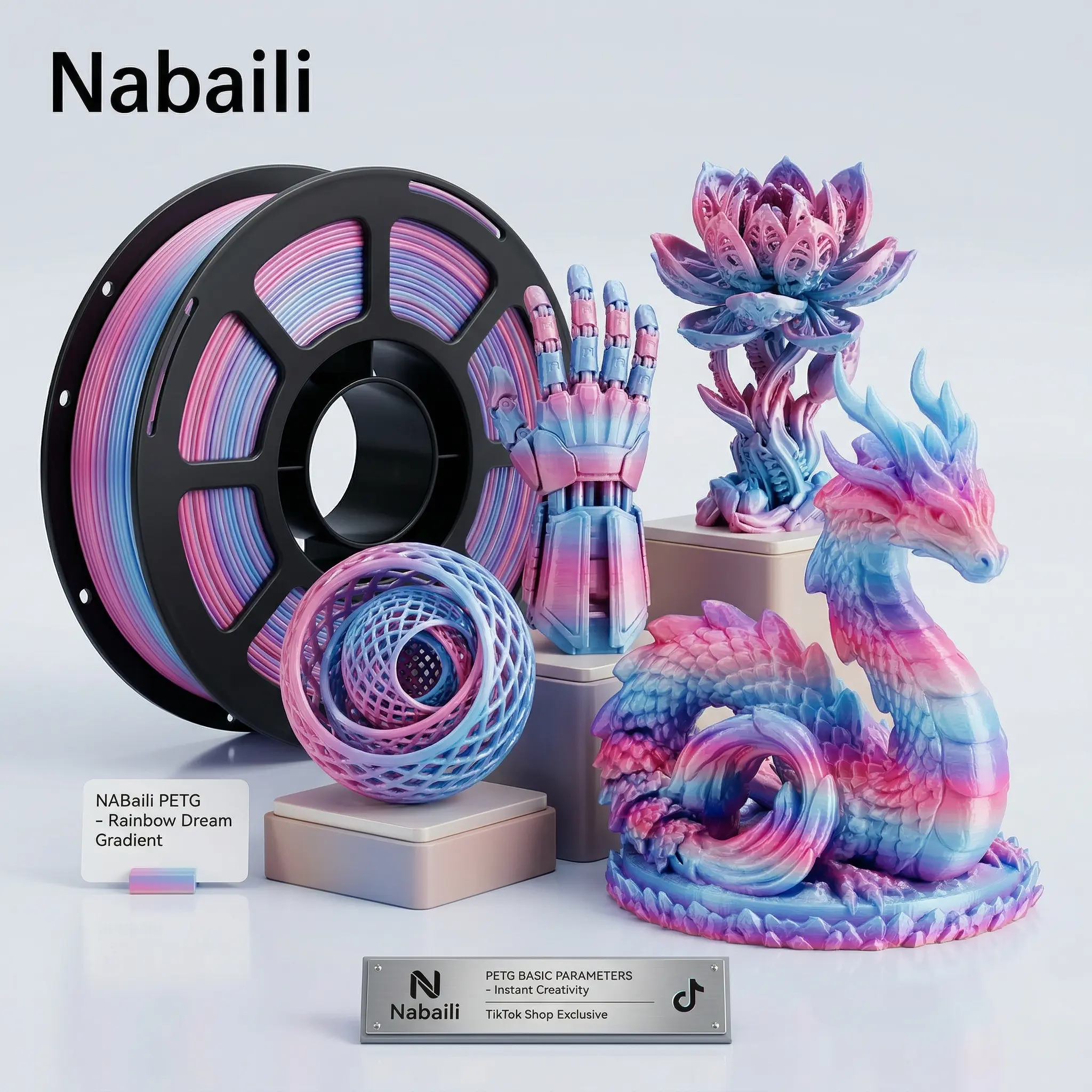 NABAILI Multicolor Rainbow Gradient BASIC PETG 3D Printer Filament, High-Quality Print Compatible, #CHMH, Ideal for Creative Projects
