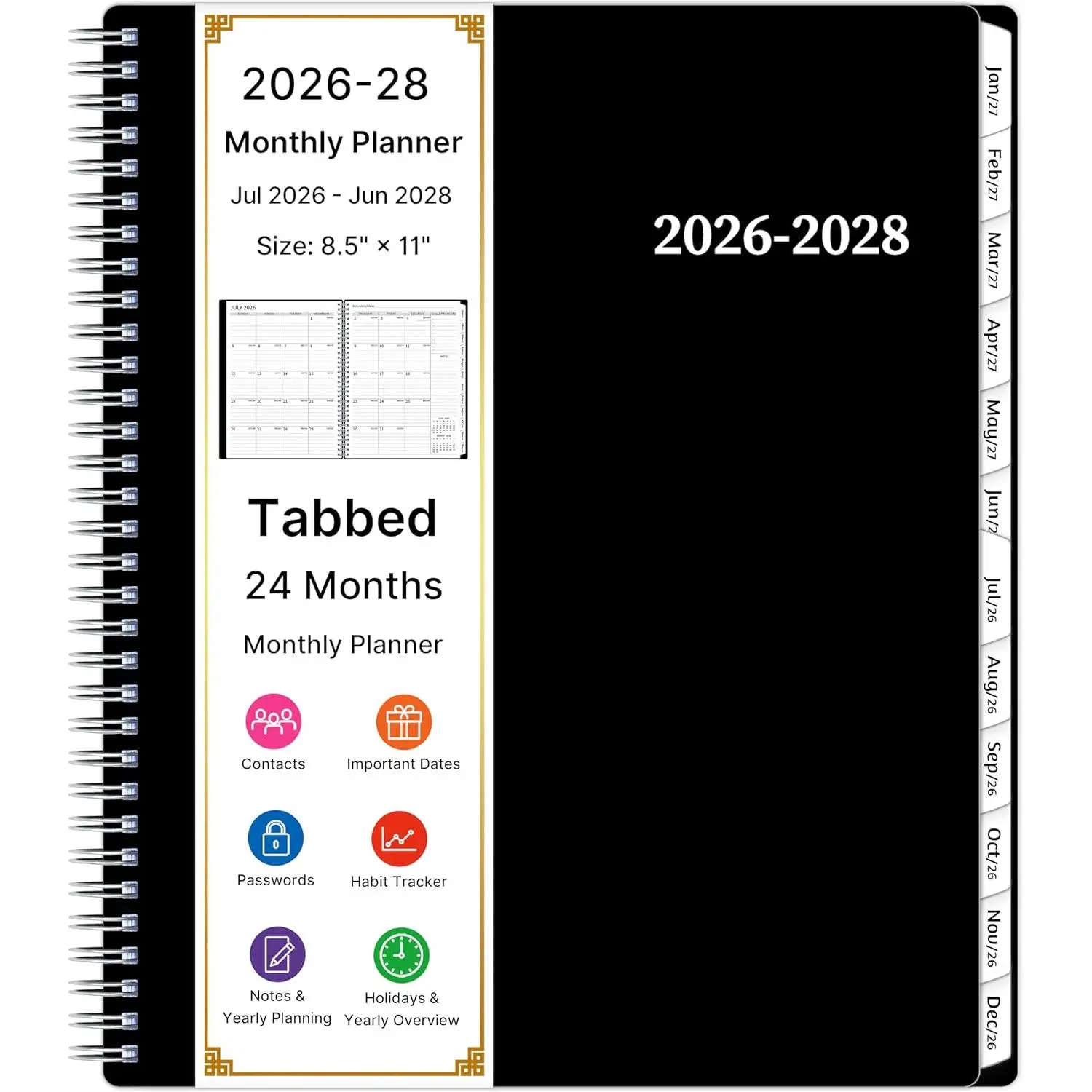 2026-2028 Large Spiral Monthly Planner, 24-Month Academic & Productivity Student Planner (Jul 2026-Jun 2028, 8.5in x 11in) with Tabs, Pocket, Flexible Cover, Office & School Organizer, Black, Productivity Planner