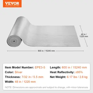 VEVOR Double Reflective Insulation Roll, Foam Core Radiant Barrier, 5.5mm 48 inx 50 ft, Double-Sided Aluminum Foil EPE Foam Heat Reflective Shield, Thermal Insulation Roll for Window RV Roof