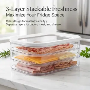 3-Layer Stackable Fridge Organizer, Clear Airtight Food Storage Container for Bacon, Cheese & Deli Meats, Odor-Free Design to Prevent Flavor Mixing