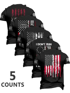 Men's Fashion Round Neck Casual Short Sleeve T-Shirt Set, Summer Comfortable Flag Print Tee, Military Street Style, Daily Wear, Streetwear