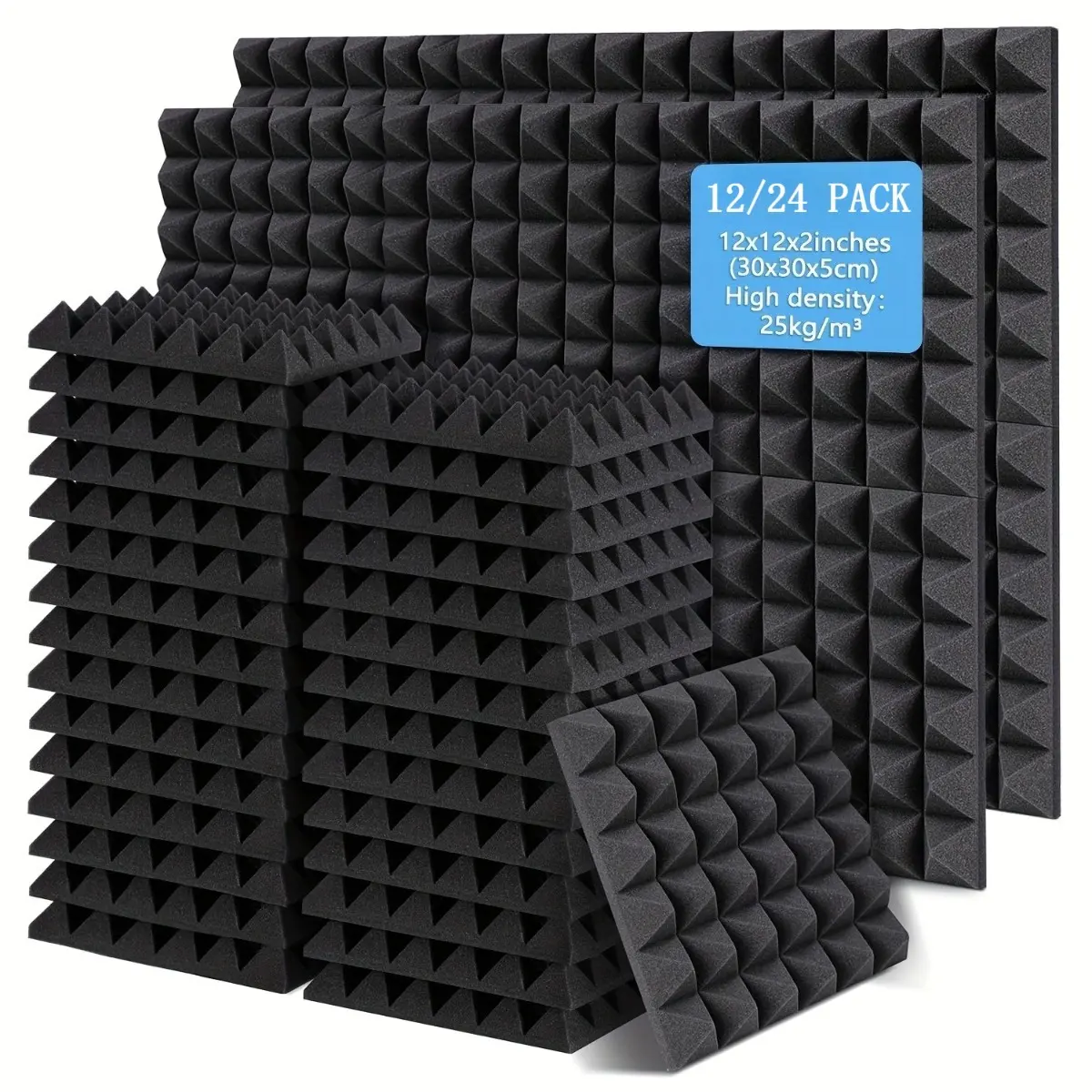 24PCS/12PCS High Density Acoustic Foam Panels, Black Pyramid Soundproof Sponge Tiles with Fire Retardant Material, Noise Reduction Wall Panels for Interior Walls Studio Conference Room Streaming Room and Home Theater