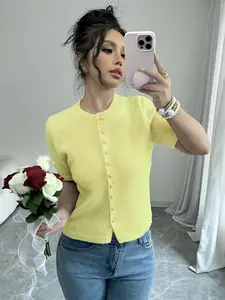 Women's Y2K Fashion Knit Sweater, Slim Fit Round Neck Short Sleeve Top, Casual Summer Fall, Essential Daily Wear, Knitwear