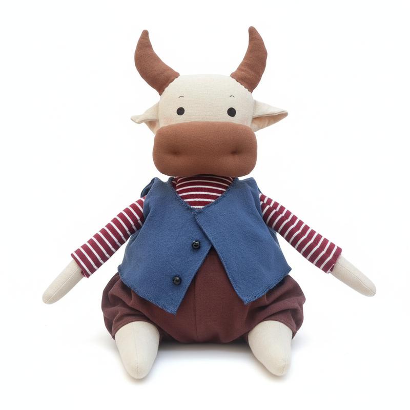 "Playful Cow Plush Toy – Made of soft fabric with a cozy touch, it’s the perfect snuggle buddy for little ones and a charming home decor accent. Ideal for gifting, like birthday presents!