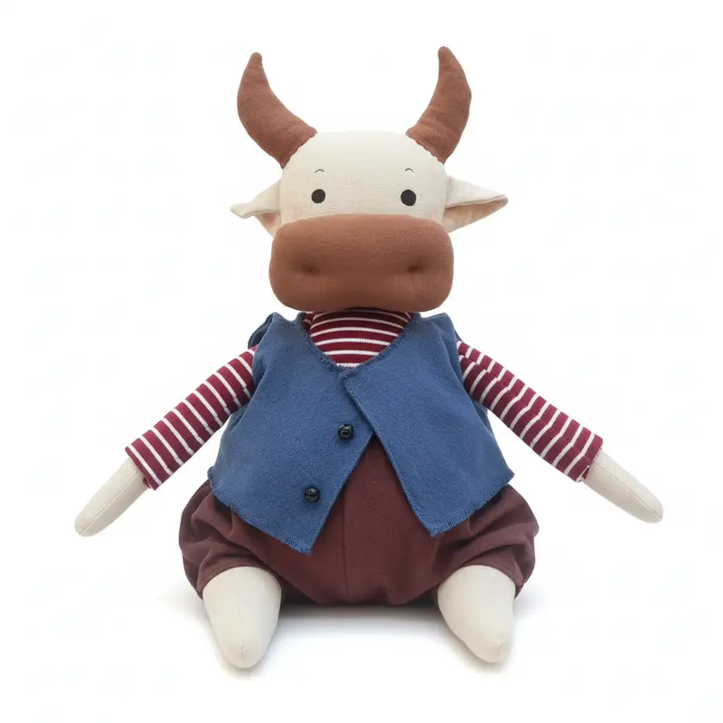 "Playful Cow Plush Toy – Made of soft fabric with a cozy touch, it’s the perfect snuggle buddy for little ones and a charming home decor accent. Ideal for gifting, like birthday presents!