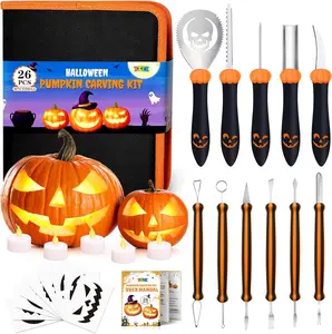 Pumpkin Carving Tools Set – Professional Stainless Steel Kit for Adults and Kids, Includes Stencils & LED Light for Halloween Decor