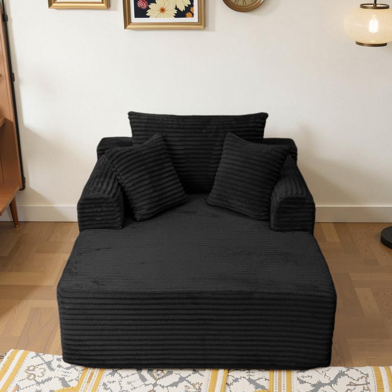 Oversized Boneless Chaise Lounge Upholstered Sofa Bed with Throw Pillows and Armrests Indoor Sleeper Chair Luxurious Plush Corduroy Chair Bed for Living Room No Assembly Required Black Color