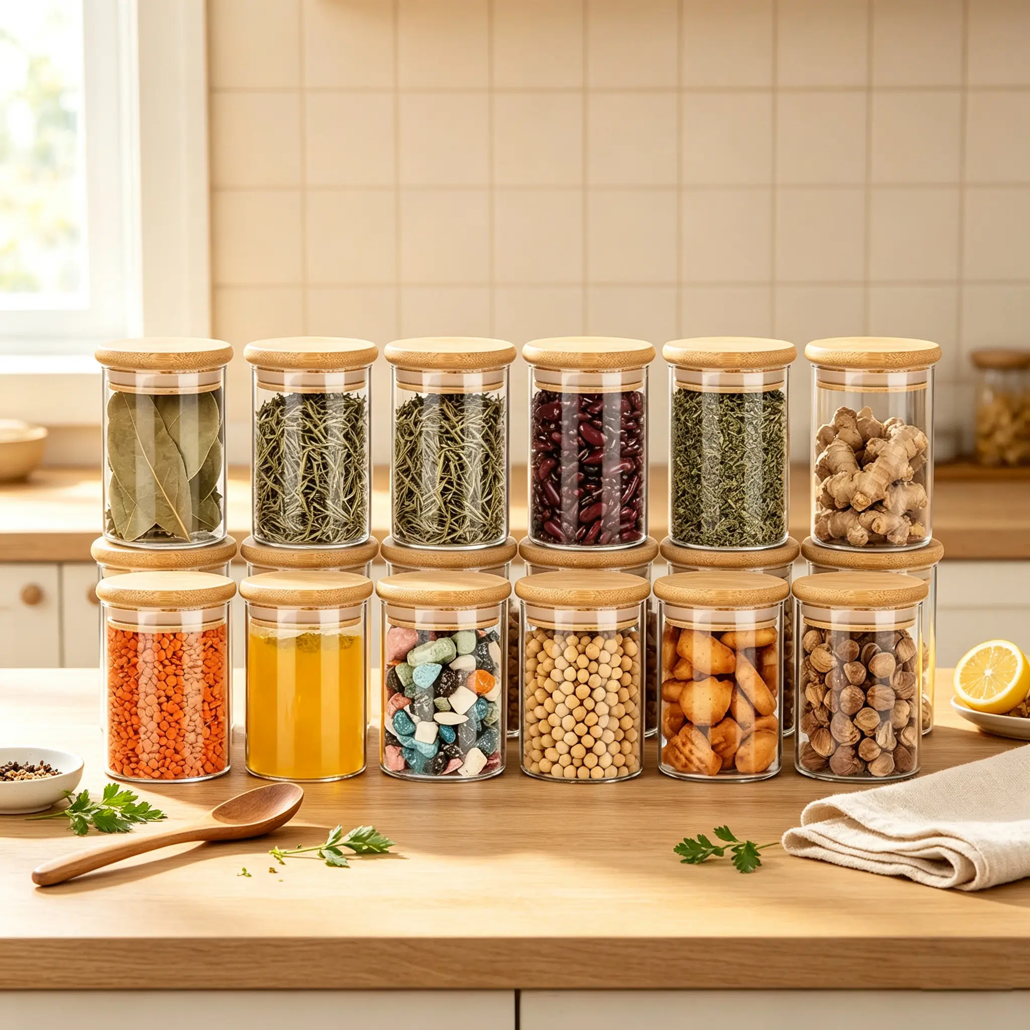 12-Piece Airtight Seal Glass Jar Set, 8.5oz Round Kitchen Preserving Containers with Bamboo Lids and Labels, Ideal for Spices and Candies, Natural Look, Round Shape