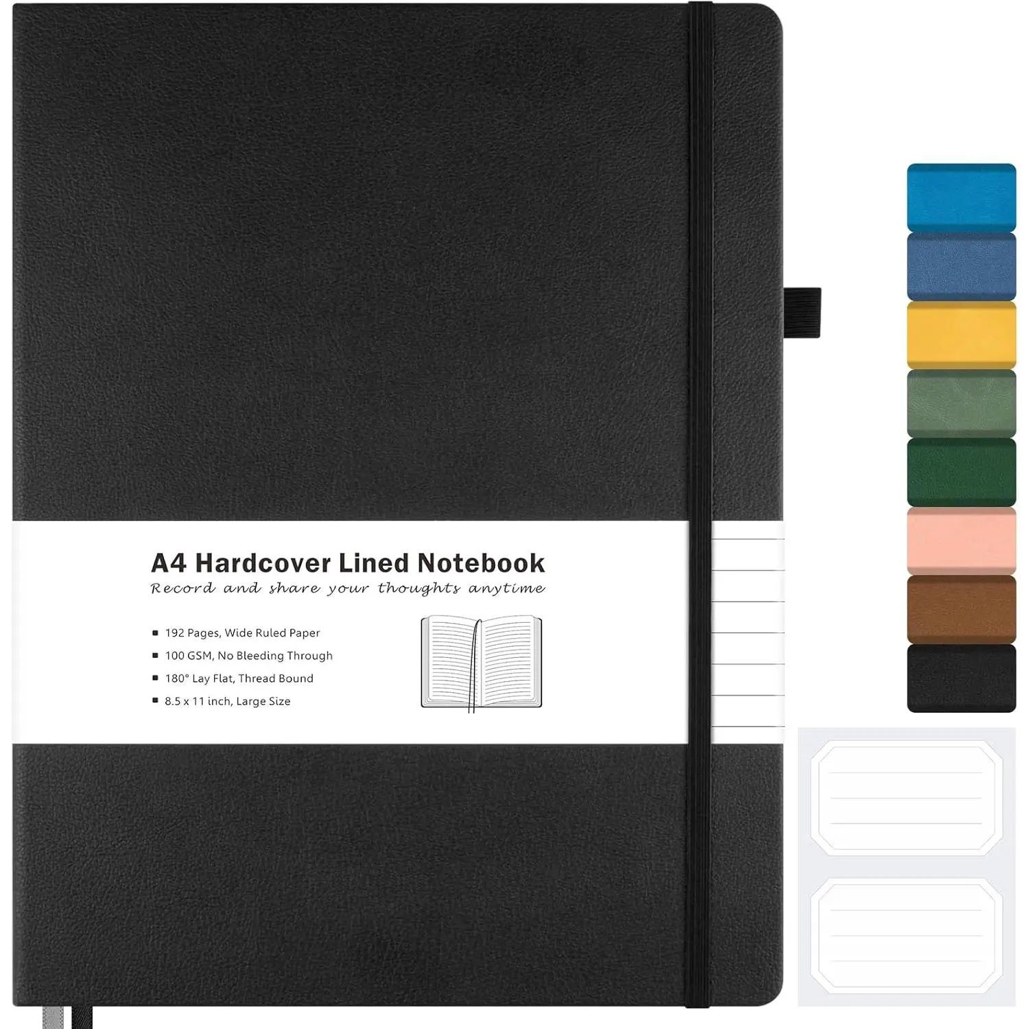 Lined Journal Notebook, 8.5" x 11" Hardcover Leather Notebook for Work, Wide Ruled Notebook Journal for Women Men, 192 Thick Paper, Lay Flat, 2 Pockets, A4 Large Journals for Writing, Black Notebook