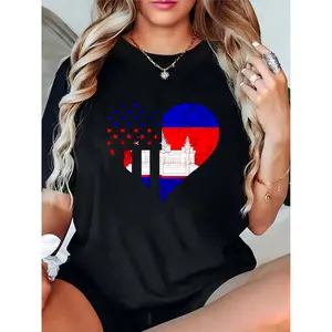 Women's Black T-Shirt with Heart-Shaped US & Cambodia Flag Design (Featuring Angkor Wat Motif) | Ideal for US Independence Day, Cambodia National Day, Casual Wear & Cultural Celebrations