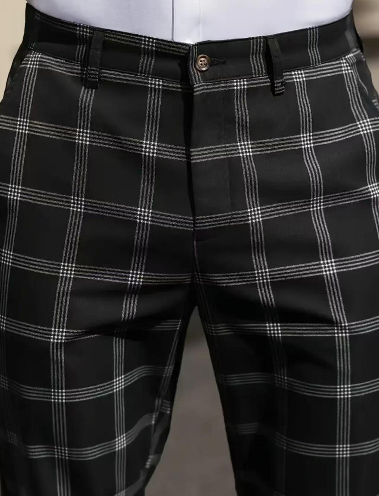 Men's Slim Fit Plaid Houndstooth Pants - Mid Waist Tailored Waistband Stretch Straight Leg Menswear, Button Closure, Stretch Fabric, Business Casual Office Use, Wedding Fancy Occasions, Cool and Casual Men's Pants, Business Fashion Pants, Checkered