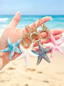 4 Pcs Iridescent Gradient Starfish Keychain Set with Gold Lobster Clasp Ocean Starfish Pendant Aesthetic Backpack Bag Charm Summer Beach Vacation Gift for Women Girls Teens Ocean Lovers