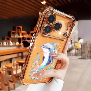 Dolphin & Flowers Case for iPhone 16e 15 17 Air 16 14 13 12 11 Pro Max Plus X XS Four-corner Thickened Shockproof Full Camera Protection Durable slim Silicone Cover Electroplated Bumper
