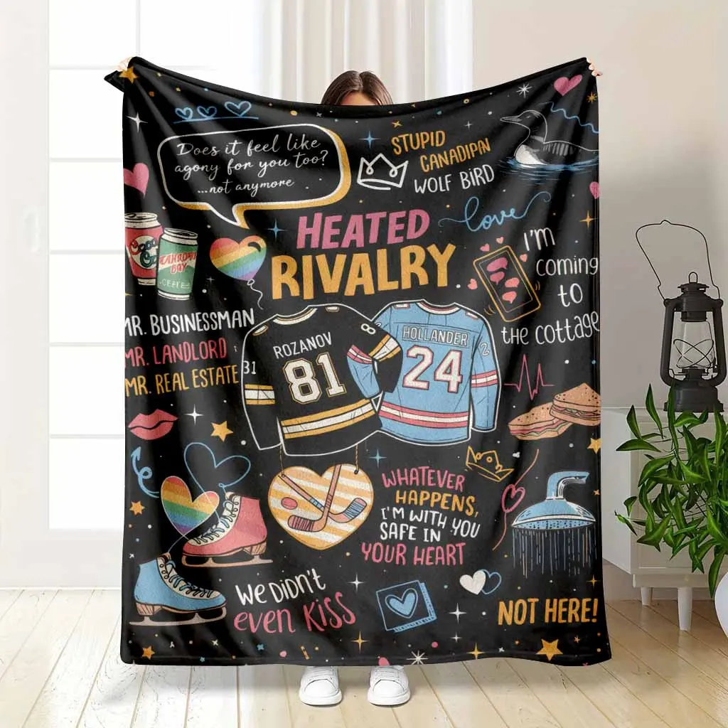 Heated Flannel Blanket - Hockey Romance Quote, Colorful Heart Print, Romantic Theme, Wrinkle Resistant, Soft Warm Lightweight, Heartwarming Blanket Gift for Bedroom Sofa Cozy Setup, Anti-Pilling