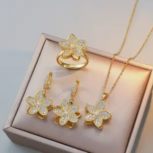 4PC Jewelry Set Necklace for Women, Rotating Zircon Flower Light Luxury New Design Pendant, Elegant Necklace Ring Earrings Set, Gift for Friends