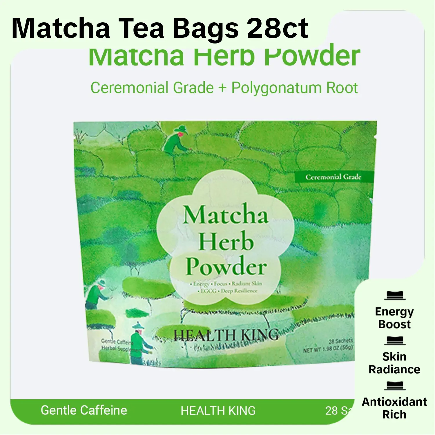 Health King Matcha Premium, Té de Matcha, Matcha Grado Ceremonial, Alternativa al Café, Superfood Drink, Té Herbal Premium, Té Funcional, Té Orgánico, Antioxidantes, Estilo de Vida Saludable, Sobres Individuales, 28 Bolsitas