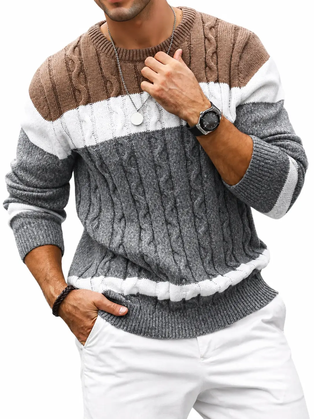 Men’s Color Block Cable Knit Crewneck Sweater, Classic Fit Vintage Pullover, Fall Winter Casual Top for Office Commute, Work, Weekend & Daily Wear