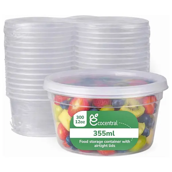 EcoCentral Plastic Deli Containers with Lids, 12 oz, Airtight, Freezer/Dishwasher/Microwave Safe, for Takeout and Meal Storage