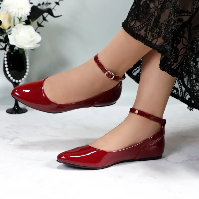 Women's Comfortable Ballet Flats Pointed Toe Patent Leather Ankle Strap with Buckle Elegant Lightweight Breathable Girl Casual Dress Flat Shoes Footwear For Work Office Daily Wear