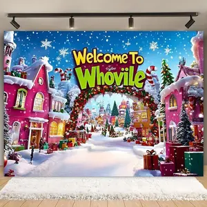 Tapestry Whoville Winter Wonderland Backdrop Banner - Dr. Seuss Inspired -Themed Party Decor with Welcome Sign  Snowy Houses & Candy Canes| Vibrant Polyester Fabric Wall Decoration for Christmas  Halloween  New Year  V Ornaments Tapestry