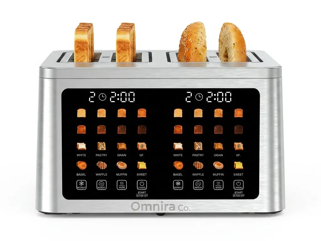 OMNIRA 4-Slice Wide Slot Smart Toaster, 1700W 120V Touch Screen with Dual Control Panel, Auto Lift, Keep Warm, Defrost, Auto Shut Off for Bagel, Muffin, Gluten-Free Breads