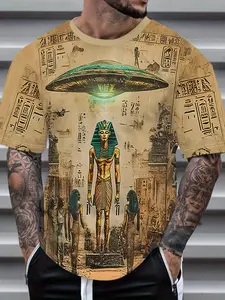 A men's short-sleeved T-shirt with Egyptian Pharaoh pattern - lightweight 150g polyester fabric, vibrant hieroglyphics and Pharaoh designs, regular fit round-neck casual summer shirt, suitable for adults to wear.