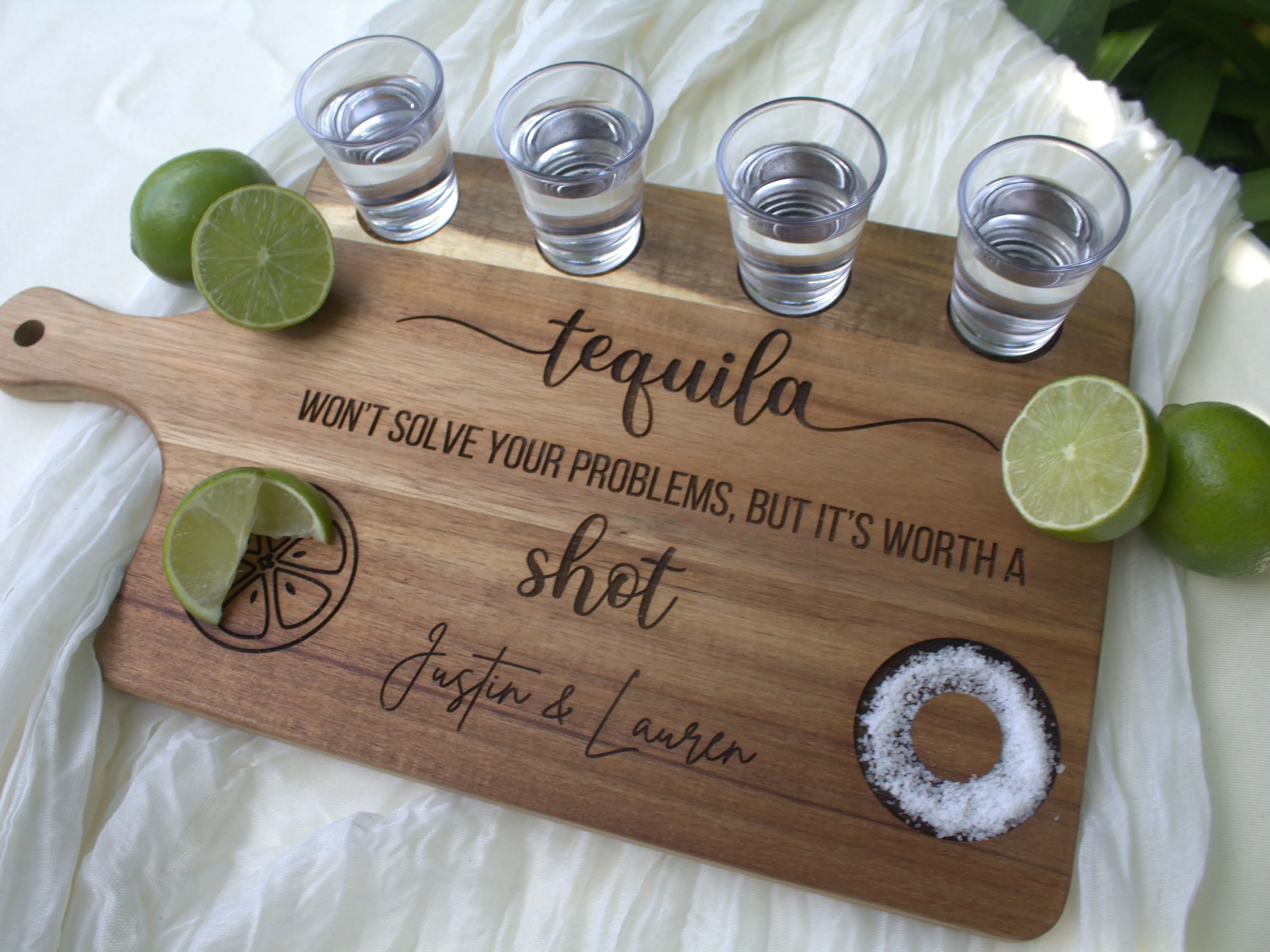 Custom Engraved Tequila Board with 4 shot glasses, Tequila Tasting Tray Wood Wooden Utensils