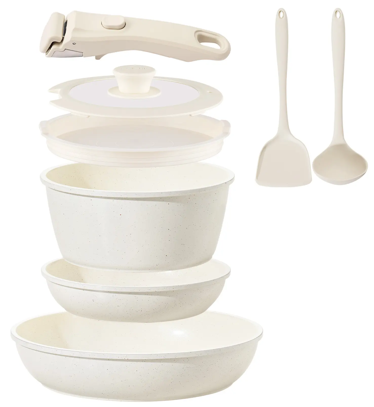 COICUR Ceramic Cookware Set Non Stick 8Pcs Pots and Pans Set Detachable Handle Induction Kitchen Cooking Set with Frying Pans Oven Dishwasher Safe, PFAS/PFOA Free, Cream White