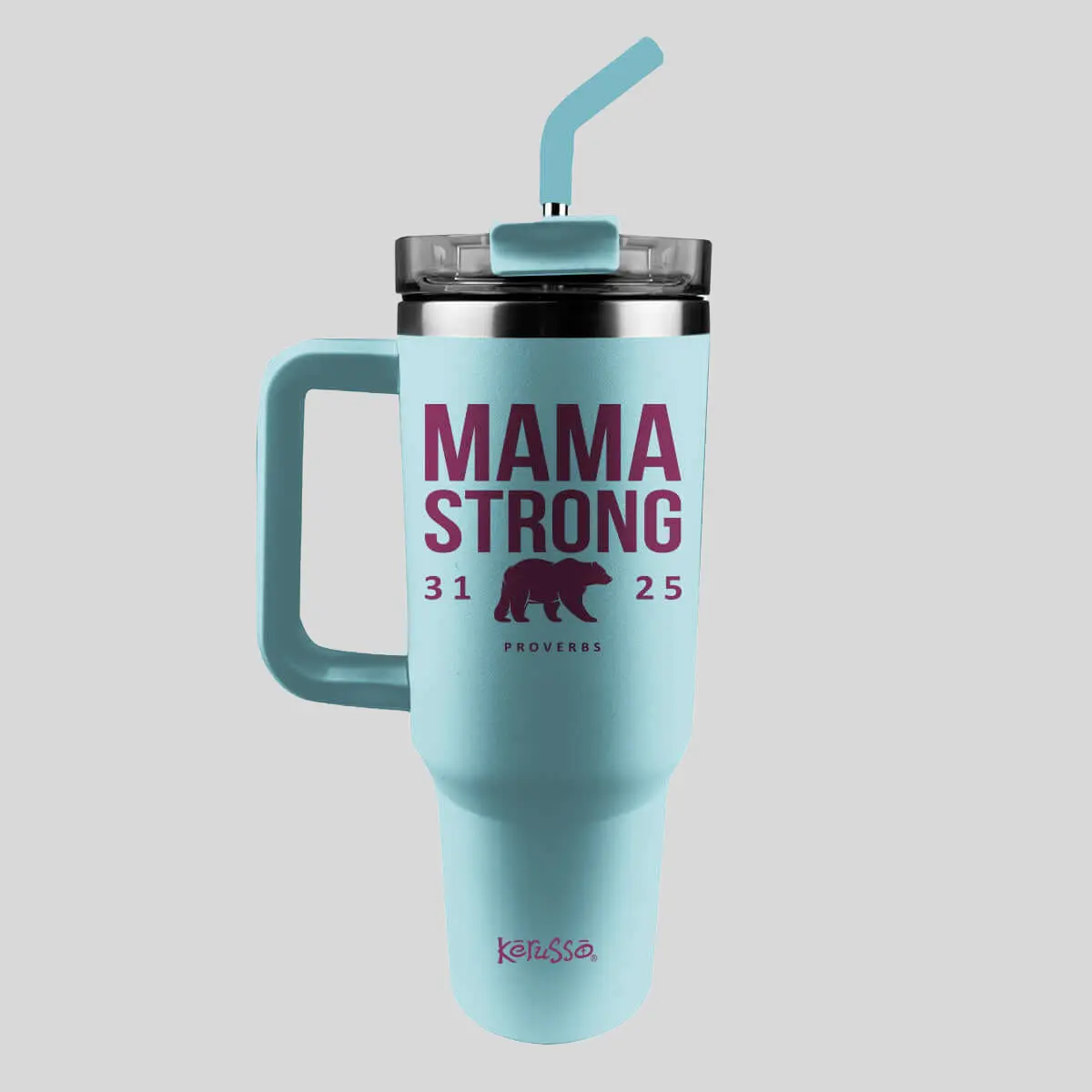 Kerusso 40 oz (1,000-2,000 ml) Portable Stainless Steel Vacuum Flask Mug, Mama Strong Bear Design, Acrylic Straw & Lid Included, Parenting-Focused for Adults, Silicone