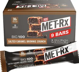 MET-Rx Big 100 Protein Bar, Meal Replacement Bar, 30G Protein, Salted Caramel Brownie Crunch, 9 Count, 3.52 Oz.(Packaging may vary)