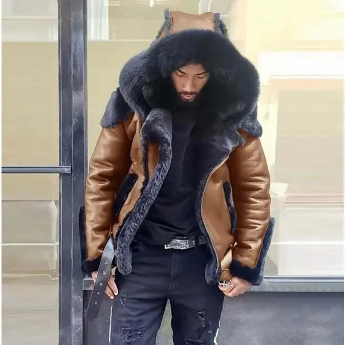 Hooded Faux Leather Shearling Coat Fleece Lined Thickened Winter Jacket for Men Cotton Blend