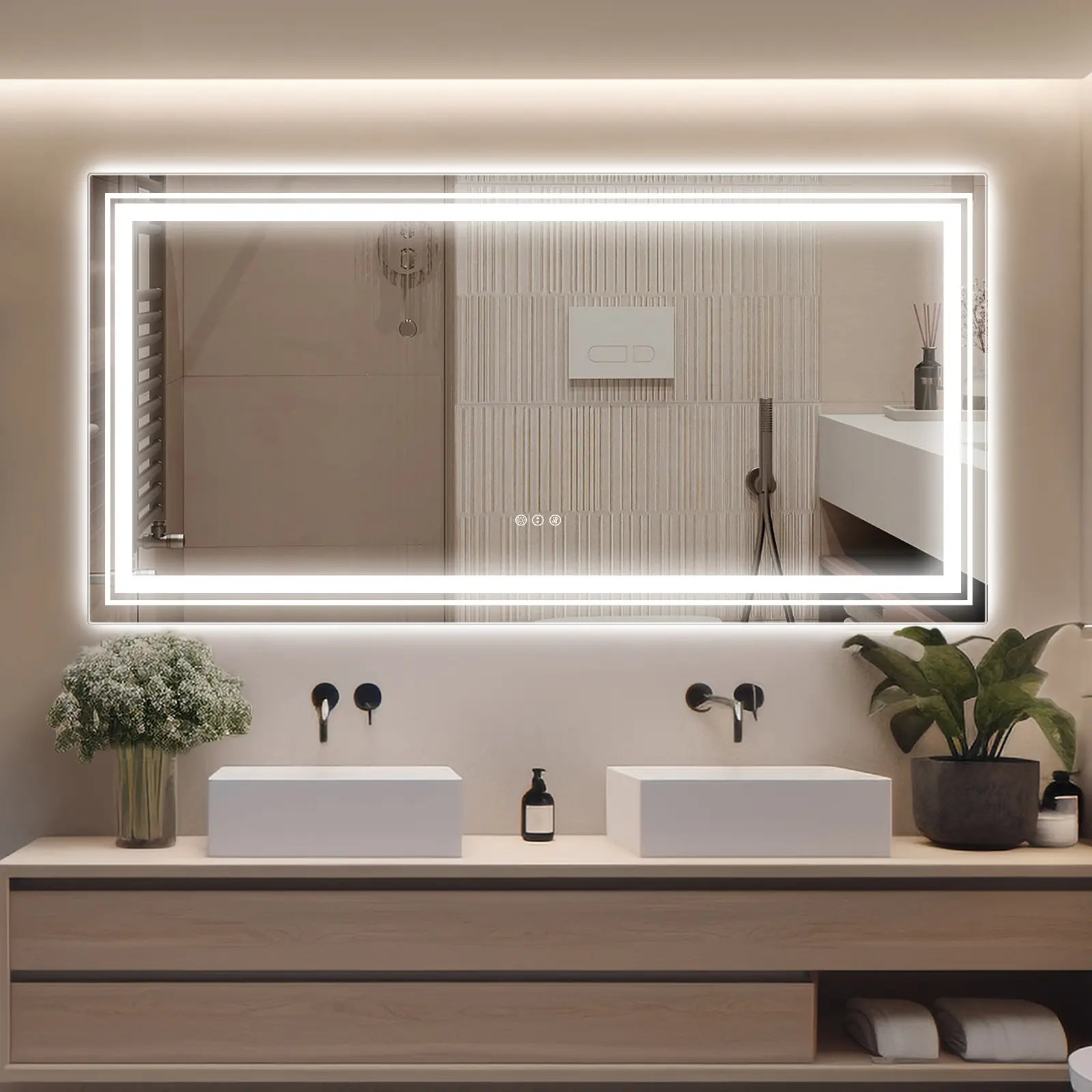 60"x 36" LED Bathroom Mirror with Stepless Dimmable Wall Mirrors with Anti-Fog, Dimmable CRI>90, Vanity Mirror with 3 Color Modes, Shatter-Proof, Memory Bathroom Mirror with LED Lights