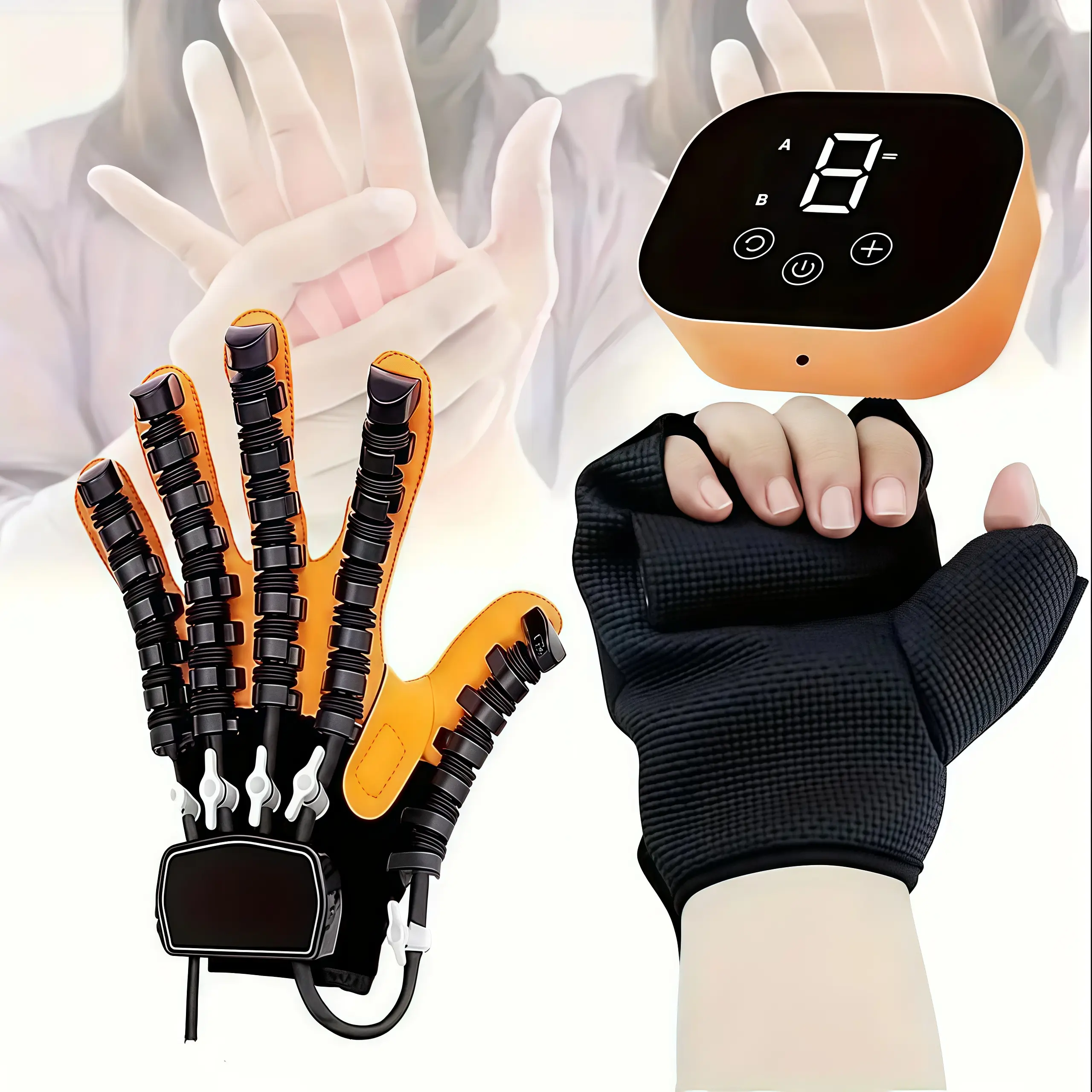 Smart robotic glove for hand exercises, hand strength training, and finger rehabilitation for patients; plug-in model, orange [Upgraded Version]—a training gift for your family