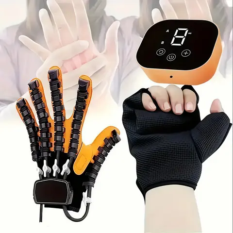 Upgraded Orange Plug-In Wearable Robotic Hand Gloves - Adjustable Arm Exercise Equipment, Hand Grip Trainer with Mirror, 9 Intensity Levels for Accurate Efficient Training, Cerebral Palsy & Arthritis Patients’ Rehabilitation (Medical First Aid Supply)