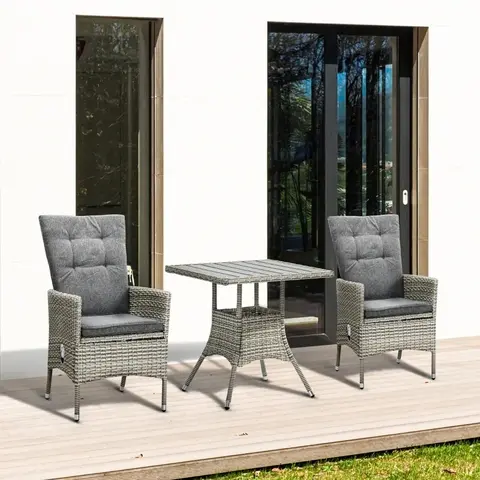 Outsunny 3-Piece Modern Wicker Outdoor Bistro Set - Dining Patio Furniture with Adjustable Back Gray Cushions, 2 Chairs, 1 Table for Garden, Balcony, Three-Pieces
