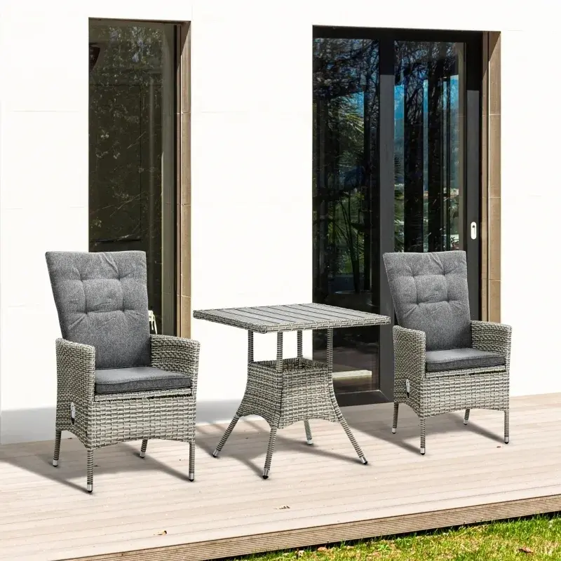 Outsunny 3-Piece Modern Wicker Outdoor Bistro Set - Dining Patio Furniture with Adjustable Back Gray Cushions, 2 Chairs, 1 Table for Garden, Balcony, Three-Pieces