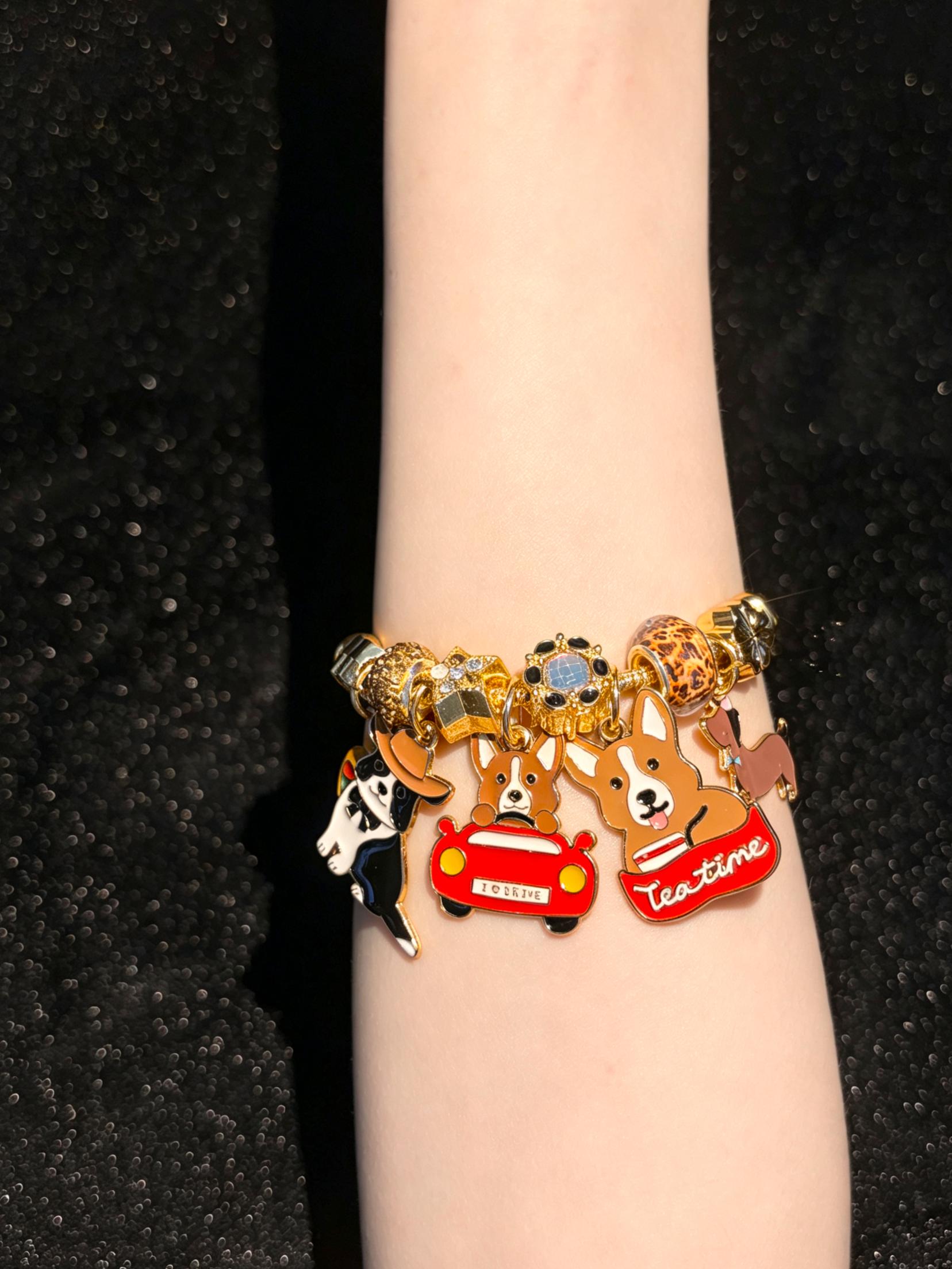 Cute Dog Puppy Enamel Dangle Charms Gold Tone Charm Bracelet, Fun Animal Beaded Jewelry Gift for Women