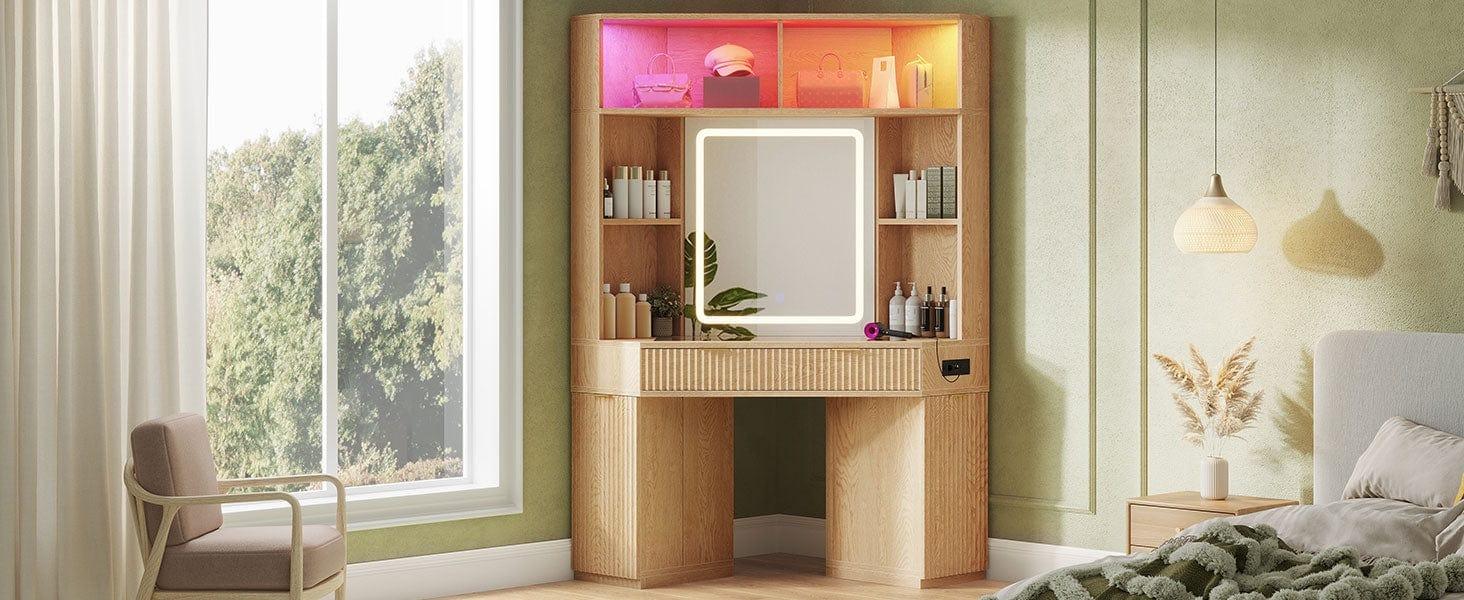 Sikaic Makeup Vanity with Sound Sync LED Lights and Glass Top Luxury Fluted Wooden Corner Vanity Desk with Mirror, Power Outlet, Shelves, Drawers and Cabinets Sikaic Makeup Vanity with Sound Sync LED Lights and Glass Top Luxury Fluted Wooden Corner Vanity Desk with Mirror, Power Outlet, Shelves, Drawers and Cabinets