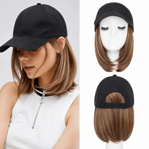 SEGOHAIR Women's Baseball Cap with 6-Inch Heat-Resistant Synthetic Short Straight Hair Extensions, Adjustable Strap, Secure Fit, White and Black Cap Wig