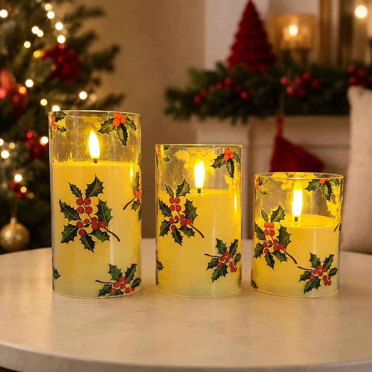 Flameless LED Pillar Candles 3-Piece Set-Pack, Battery-Powered Christmas Decor with Realistic Flickering, 3 Heights, Fruit Bowl Compatible for Bedroom, Living Room Indoor Home Lighting