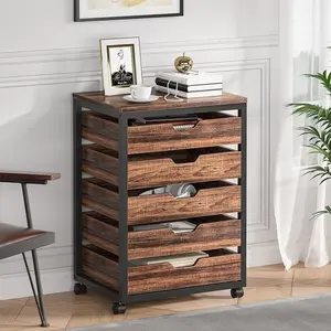 Tribesigns Wood Storage Dresser For Office And Bedroom, Industrial Drawer Cabinet On Wheels, Rustic Brown