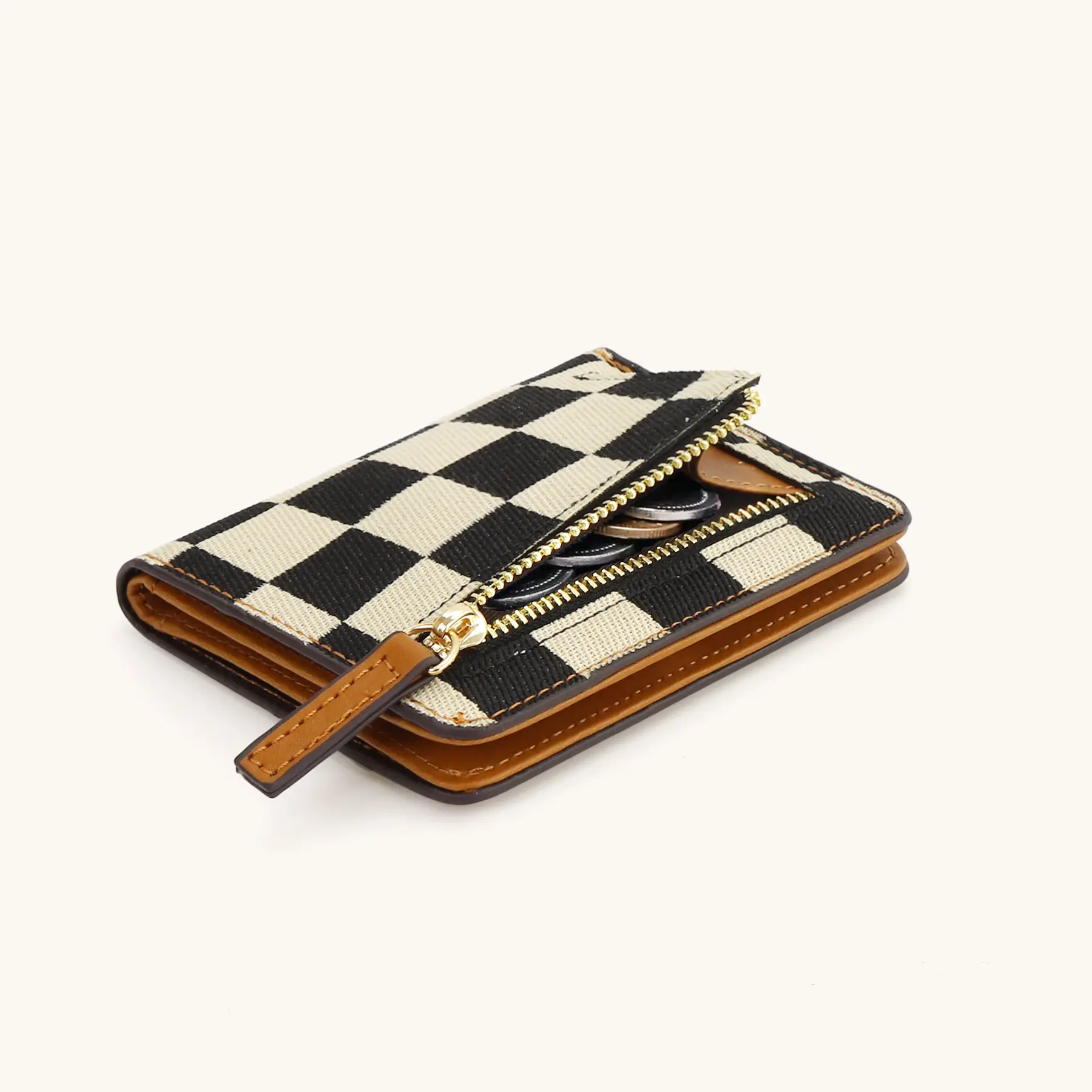 Women’s minimalist plaid portable wallet — upgraded fabric, multiple card slots, lightweight for everyday carry, high-quality gold zipper closure, gold decorative details, casual style, divider design, women’s casual wallet, women’s divided wallet, a blen