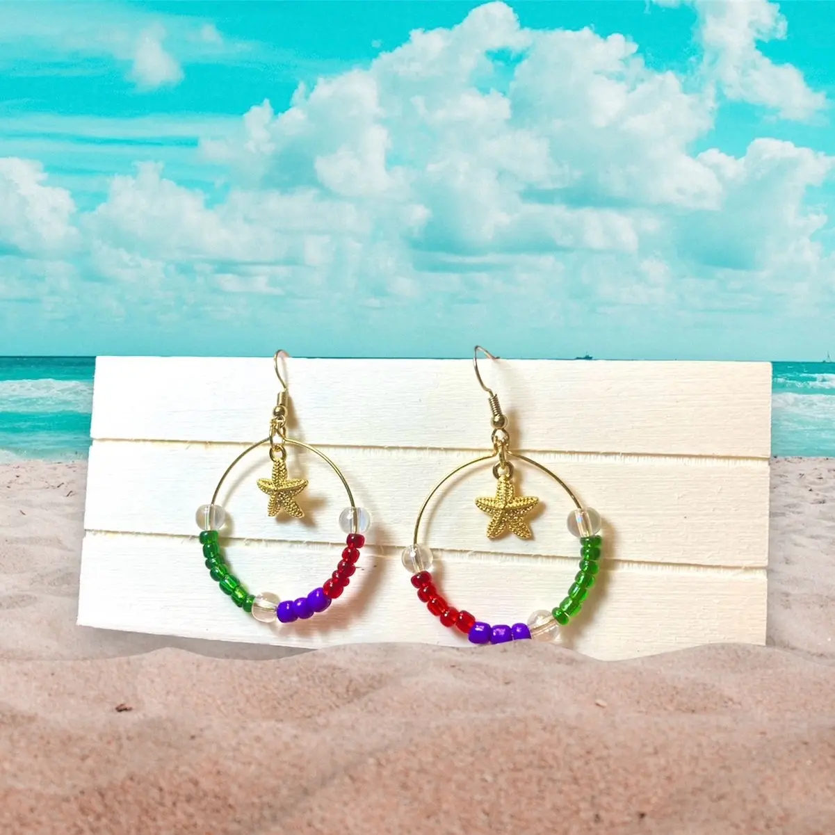 Beaded Hoop Earrings, Little Mermaid, Rainbow, Ocean Blues, black and white